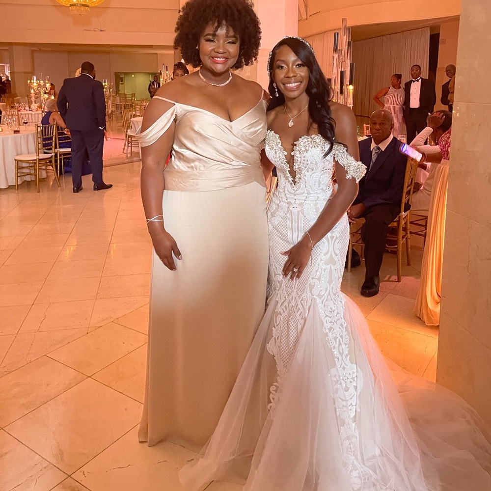 Vera Wang Floor length champagne colored dress.